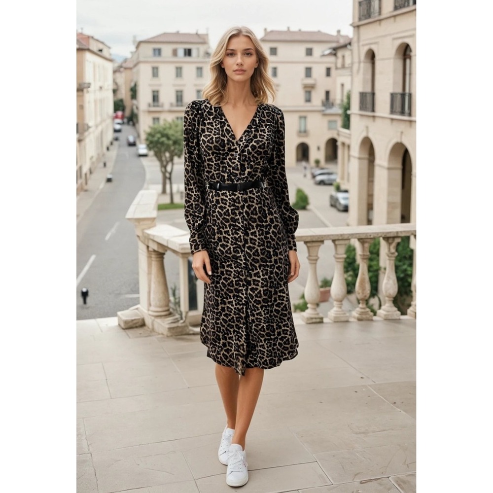 Michael Kors‎ Leopard Print Wrap Midi Dress Dark Camel P/M ‼️NO BELT‼️